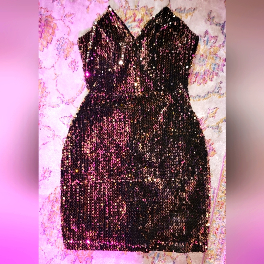 Mystic Black Velvet Gold Sequin Strapless Mini Dress